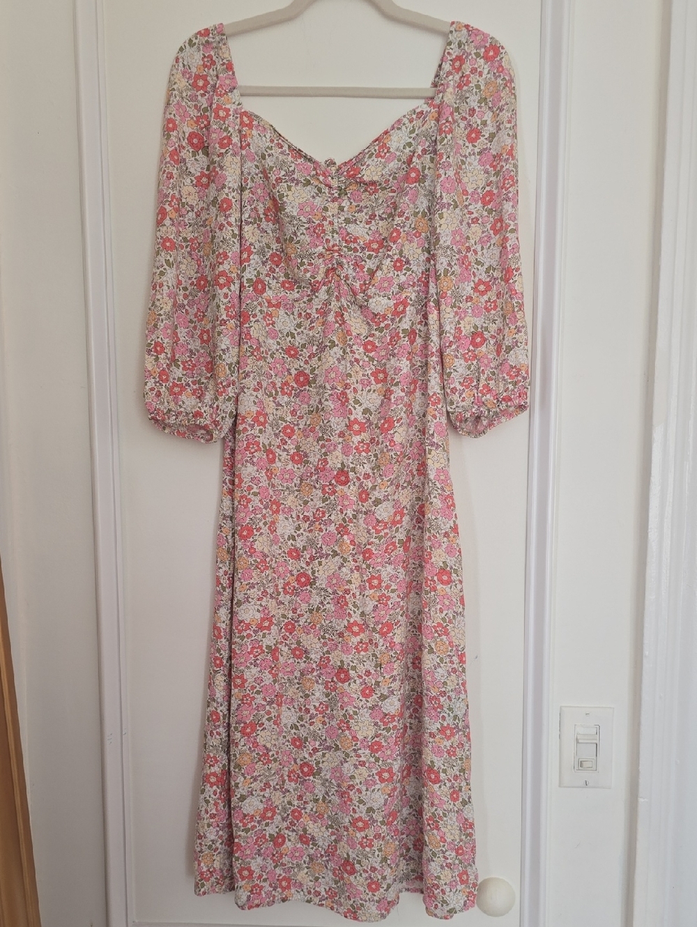 H&M Pink Floral Puff Sleeve Midi Dress